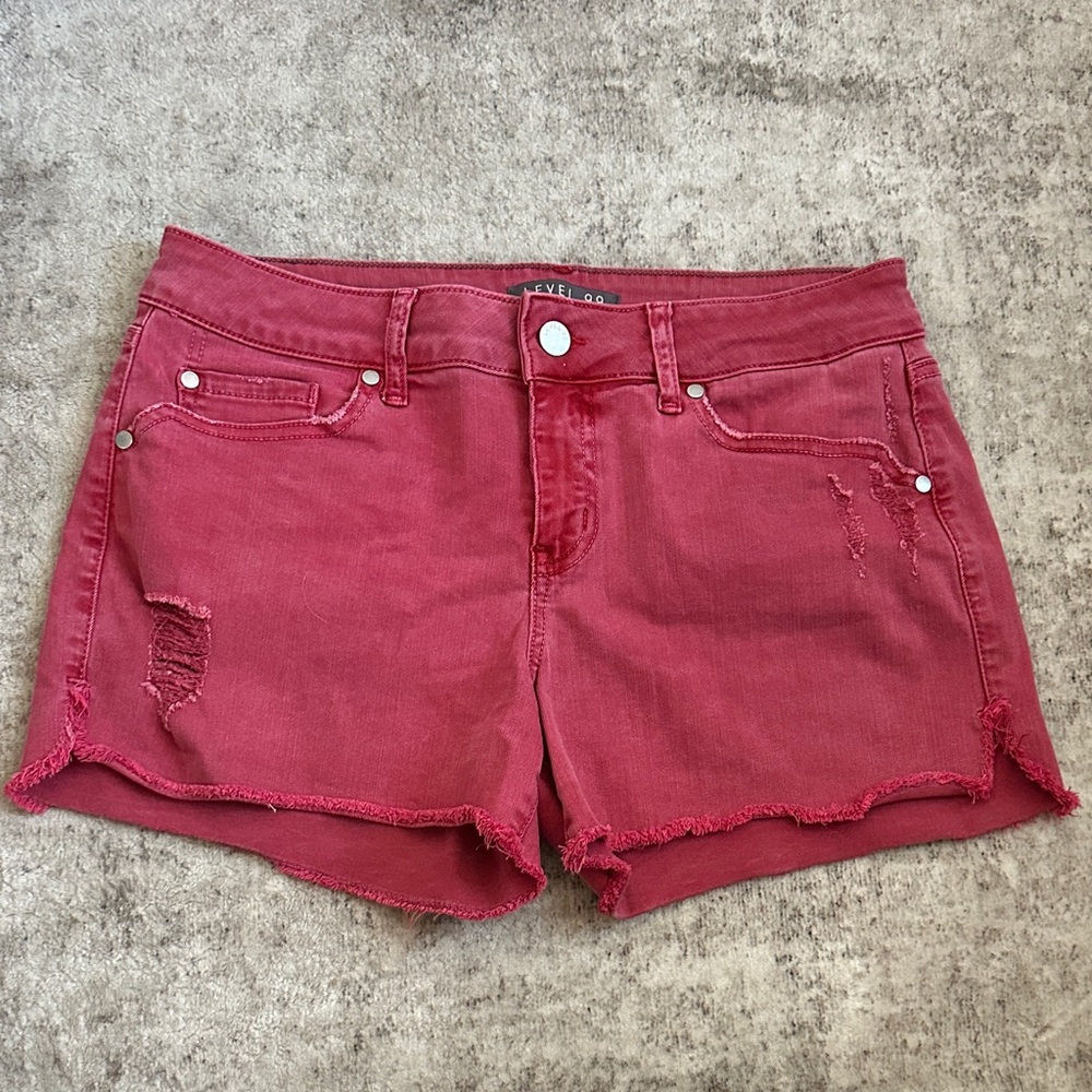 Level 99 Red Distressed Denim Shorts